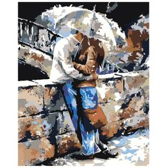 Картина по номерам, "Живопись по номерам", 48 x 60, EM18, Влюблённые, поцелуй, зонт, дождь, Двое под зонтом, романтика, мост