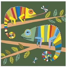 Картина по номерам, "Живопись по номерам", 60 x 60, A91, Хамелеон, рисунок, стрекоза, ветка, дерево, иллюстрация, разноцветный