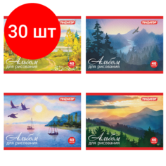 Комплект 30 шт, Альбом для рисования, малый формат А5, 40 л, скоба, обложка офсет, пифагор, 200х148 мм, "Природа" (4 вида), 104873