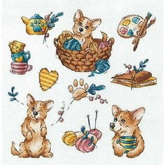 Вышивка Сэмплер. Корги-озорник 21x21 см. Сделай своими руками