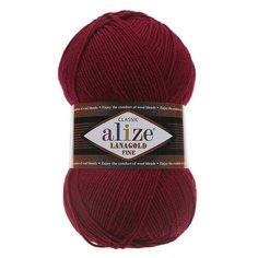 Пряжа Alize Lanagold Fine (Ализе Ланаголд Файн) - 3 мотка, 390 темно-красный, 49% шерсть, 51% акрил 390м/100г