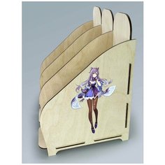 Органайзер лоток, подставка для бумаги, документов деревянная с цветным принтом 3 отделения игры геншин импакт genshin impact кэ цинь - 16 Art Wood