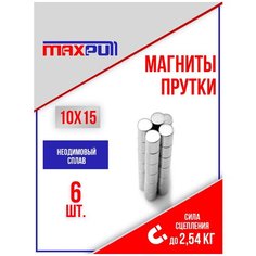 Магниты 10х15 мм MaxPull прутки NdFeB набор 6 шт. в тубе