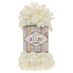 Пряжа плюшевая Alize Puffy (Ализе Пуффи) - 2 мотка 62 светло-молочный для вязания руками, гипоаллергенная, большие петли (4см), 9м/100г
