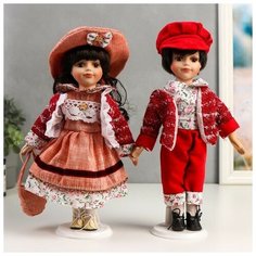 Кукла коллекционная. Парочка "Наташа и Олег в розово-бордовых нарядах". Высота: 30 см. Нет бренда