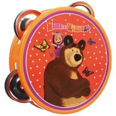 Музыкальная игрушка, Маша и Медведь, Бубен, пластиковый, оранжевый, 10 см, 1 шт.