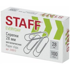 Скрепки STAFF "EVERYDAY", 28 мм, металлические, 100 шт, в картонной коробке, Россия, 220012, 220012