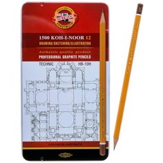 Набор карандашей чернографитных разной твердости 12 штук Koh-I-Noor 1500, HB-10H, в металлическом пенале
