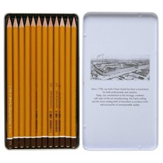 Набор карандашей чернографитных разной твердости 12 штук Koh-I-Noor 1500, HB-10H, в металлическом пенале