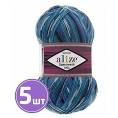 Пряжа для вязания крючком, спицами Alize Ализе Superwash100, тонкая/шерсть/полиамид, цвет 4446, черно-сине-голубой, 5 шт. по 100 г, 420 м
