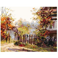 Картина по номерам, "Живопись по номерам", 72 x 90, ARTH-AH273, деревня, забор, здания, осень, жёлтые листья, деревья, пейзаж, природа