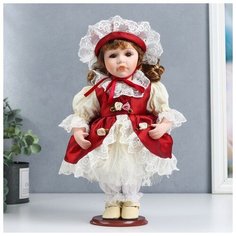 Кукла коллекционная керамика "Мила в красно-белом платье и чепчике" 30 см NO Name