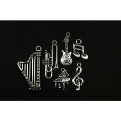 Подвеска Музыкальные инструменты микс 18-38х10-19х1-4 мм, отверстие 1,5-3мм, цвет античное серебро, сплав металлов, 22-307, 6шт Мелодия бисера