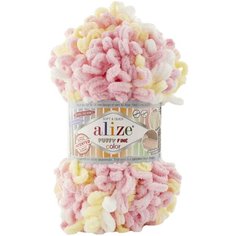 Пряжа Alize Puffy fine color белый-жёлтый-розовый (6367), 100%микрополиэстер, 14,5м, 100г, 2шт