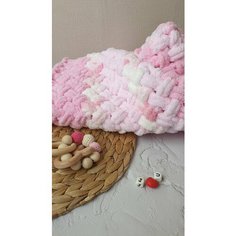 Плед вязаный детский из плюшевой пряжи 80*80 см, розовый, белый. Одеяло. Покрывало. Конверт на выписку для новорожденного. Alize Puffy Mamadoma