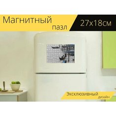 Магнитный пазл "Венеция, гондолы, чернобелый" на холодильник 27 x 18 см. Lots Prints