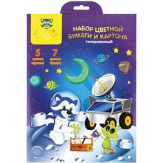 Набор А4 цв. картона, 5л, 5цв. и цв. бумаги, 7л, 7цв, Мульти-Пульти "Енот в космосе", тонированный, в папке с европодвесом - 4 шт.