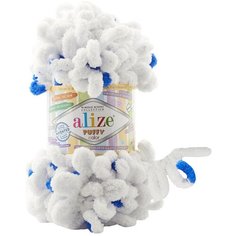 Пряжа 100%микрополиэстер Puffy color ALIZE белый-синий (6471), 9м±0,6м, 100г