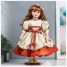 Кукла коллекционная керамика "Оля в платье с цветами и бордовой нижней юбкой" 40 см Нет бренда