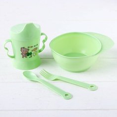 Набор детской посуды, 4 предмета: миска, ложка, вилка, поильник с твёрдым носиком 200 мл, цвета микс Крошка Я