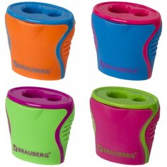 Точилка BRAUBERG "Mix Dual", 2 отверстия для чернографитных карандашей (в том числе утолщенных), с контейнером, корпус ассорти, 228449