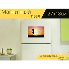 Магнитный пазл "Женщина, силуэт, заход солнца" на холодильник 27 x 18 см. Lots Prints