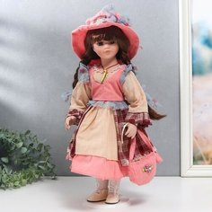 Кукла коллекционная керамика "Арина с косичками, в бежево-розовом платье" 40 см NO Name