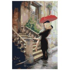 Картина по номерам, "Живопись по номерам", 60 x 90, DA01, Влюблённые, дождь, зонт, лестница, здание, романтика, живопись