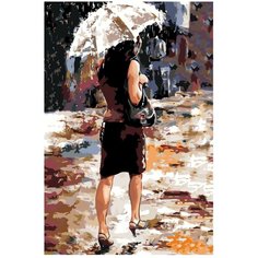 Картина по номерам, "Живопись по номерам", 80 x 120, EM17, женщина, зонт, дождь, городской пейзаж, капли, осень