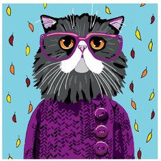Картина по номерам, "Живопись по номерам", 100 x 100, A342, кот, тёплый, свитер, розовые, очки, осень, листья, поп-арт
