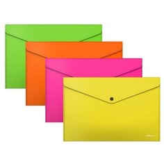 Папка-конверт на кнопке А4, 180 мкм, ErichKrause Glossy Neon, глянцевая, пластиковая, полупрозрачная, микс