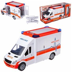 Машинка "Скорая помощь", с открывающими дверцами, складной каталкой для перевозки больного, со световыми и звуковыми эффектами, 39x12x18 A Btoys