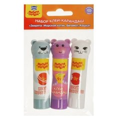 Набор клей-карандаш PVP 9г Мульти-Пульти Зверята: Мор котик, Бегем, Кошка, колпачок в форме животного