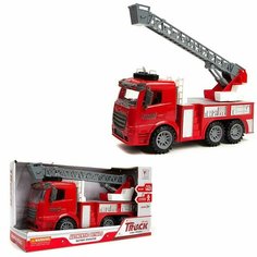Спецтехника Машинка 1:14 "Пожарная машина с выдвижной лестницей", пластмассовая инерционная, со звук. и свет. эффектами Китай