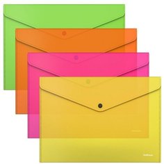 Папка-конверт на кнопке А4, 180 мкм, ErichKrause Glossy Neon, полупрозрачная, до 120 листов, микс