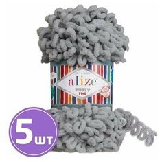 Пряжа для вязания крючком, спицами Alize Ализе плюшевая Puffy Fine 14 толстая, микрополиэстер 100%, цвет 343 сталь 5 шт. по 100 г, 14 м