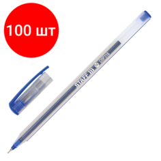 Комплект 100 шт, Ручка шариковая масляная STAFF "OBP-31", синяя, корпус матовый, игольчатый узел 0.6 мм, линия письма 0.3 мм, 143021