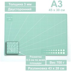 Коврик для резки двусторонний А3 450 х 300 мм мятный / Мат для резки непрорезаемый для раскройного ножа / Самовосстанавливающийся Patchy
