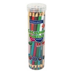 Карандаши цветные мягкие двусторонние BRAUBERG PREMIUM TWIN COLOUR, комплект 5 шт, 24 штуки, 48 цветов, туба, 181876