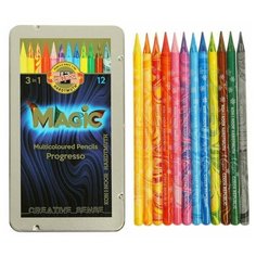 Карандаши цветные цельнографит 12 цветов Koh-I-Noor PROGRESSO MAGIC 8772, металлический пенал./В упаковке шт: 1