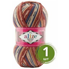 Пряжа Alize Superwash 100 (Ализе Супервош) - 1 моток, цвет: синий-белый-бежевый-кирпичный (7841), 75% шерсть супервош, 25% полиамид, 420м/100г