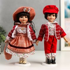 Кукла коллекционная парочка набор 2 шт "Наташа и Олег в розово-бордовых нарядах" 30 см Россия