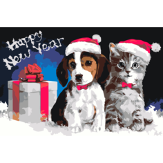 Картина по номерам Новогодние котёнок и щенок на стену Палитра забав