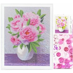 Алмазная мозаика на подрамнике (картина стразами) 40х50 Букет нежно-розовых пионов в белой вазе