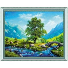 Алмазная мозаика на подрамнике (картина стразами) 40х50 Дерево и мост у горного ручья
