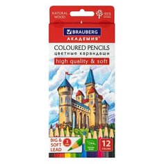Карандаши цветные мягкие BRAUBERG академия, 12 цветов, шестигранные, грифель 3 мм, 181864 - 6 шт.