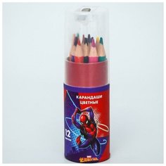 Карандаши цветные с точилкой в тубусе мини, 12 цветов, "Супергерой", Человек-Паук Marvel