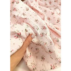 1м. Ткань муслин двухслойный жатый. Хлопок 100%, отрез 100*140 см, принт розы на розовом , материал для шитья и рукоделия Нет бренда