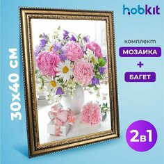 Алмазная мозаика полная выкладка HOBKIT "Букет с подарком 30х40+Багет золотой " 40х30 размер холста,