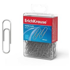 ErichKrause Скрепки канцелярские 28 мм, никель, 200 шт, Erich Krause, пластиковый бокс